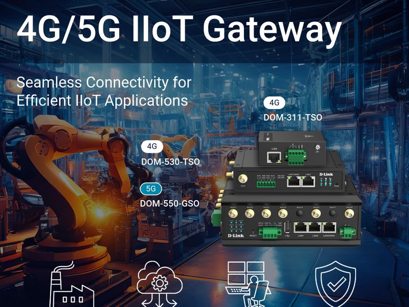 A product graphic for an industrial IoT gateway, with the hardware laid over a factory floor and robotic arms.