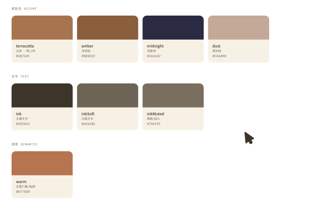 Colour tokens in Figma: accent, text and semantic swatches, each with its name and hex.