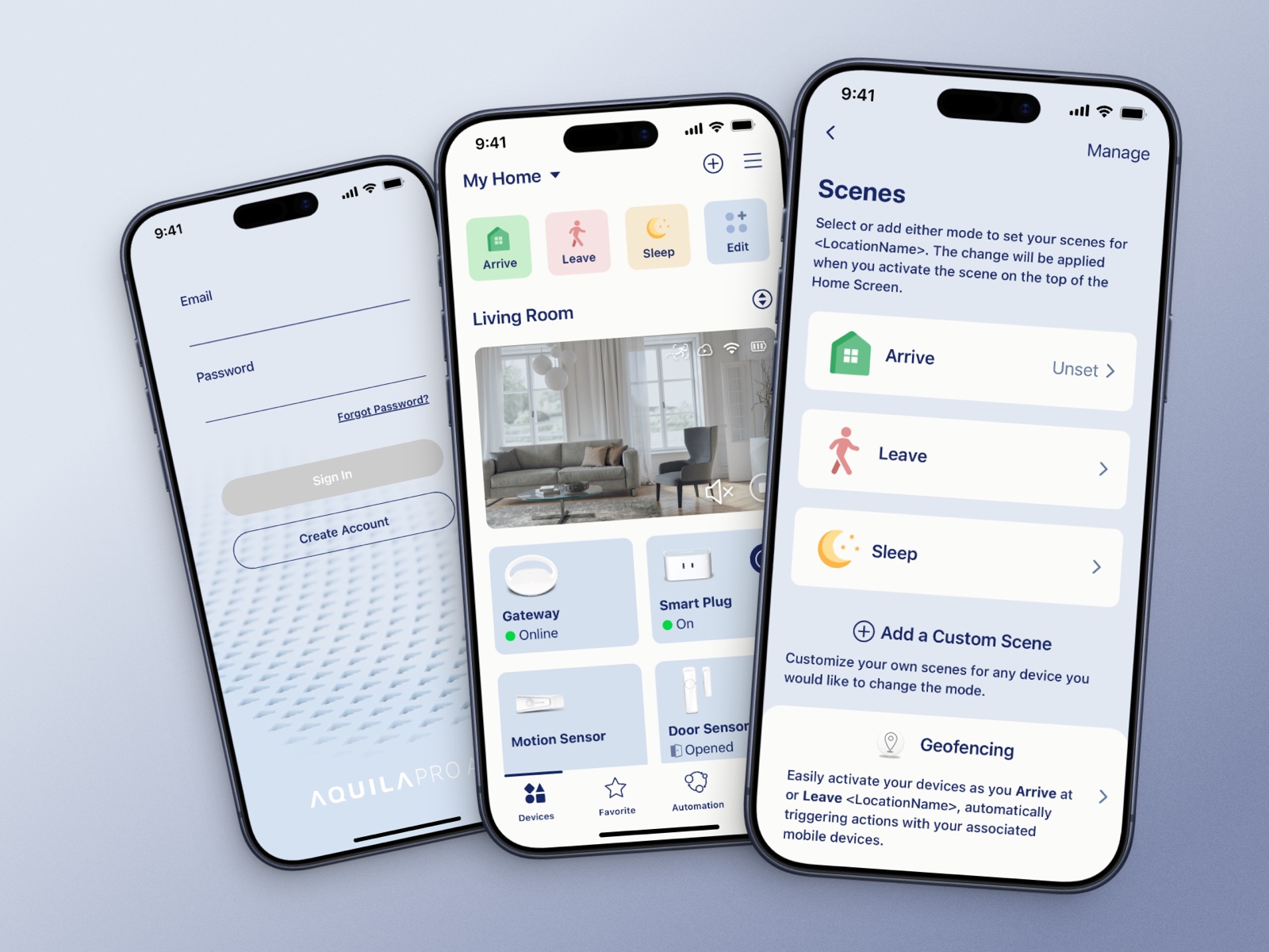 Three AQUILA PRO AI app screens: sign-in, the home dashboard with room devices, and the scenes list.