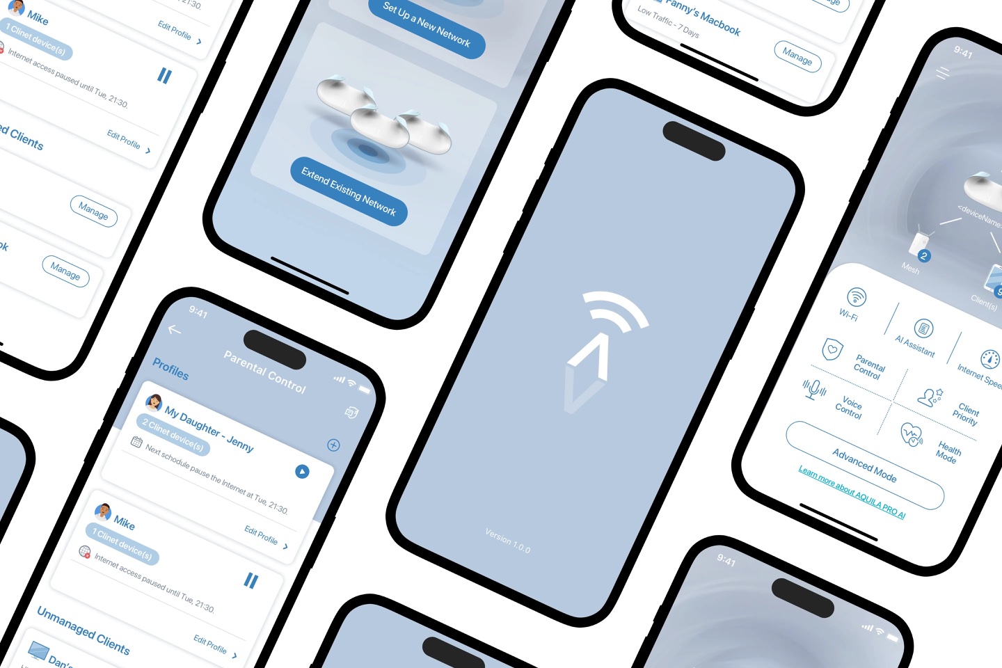 Proposal A as a spread of screens: choosing between a new network and extending an existing one, parental control profiles, the splash screen, and an advanced mode grid listing every function.