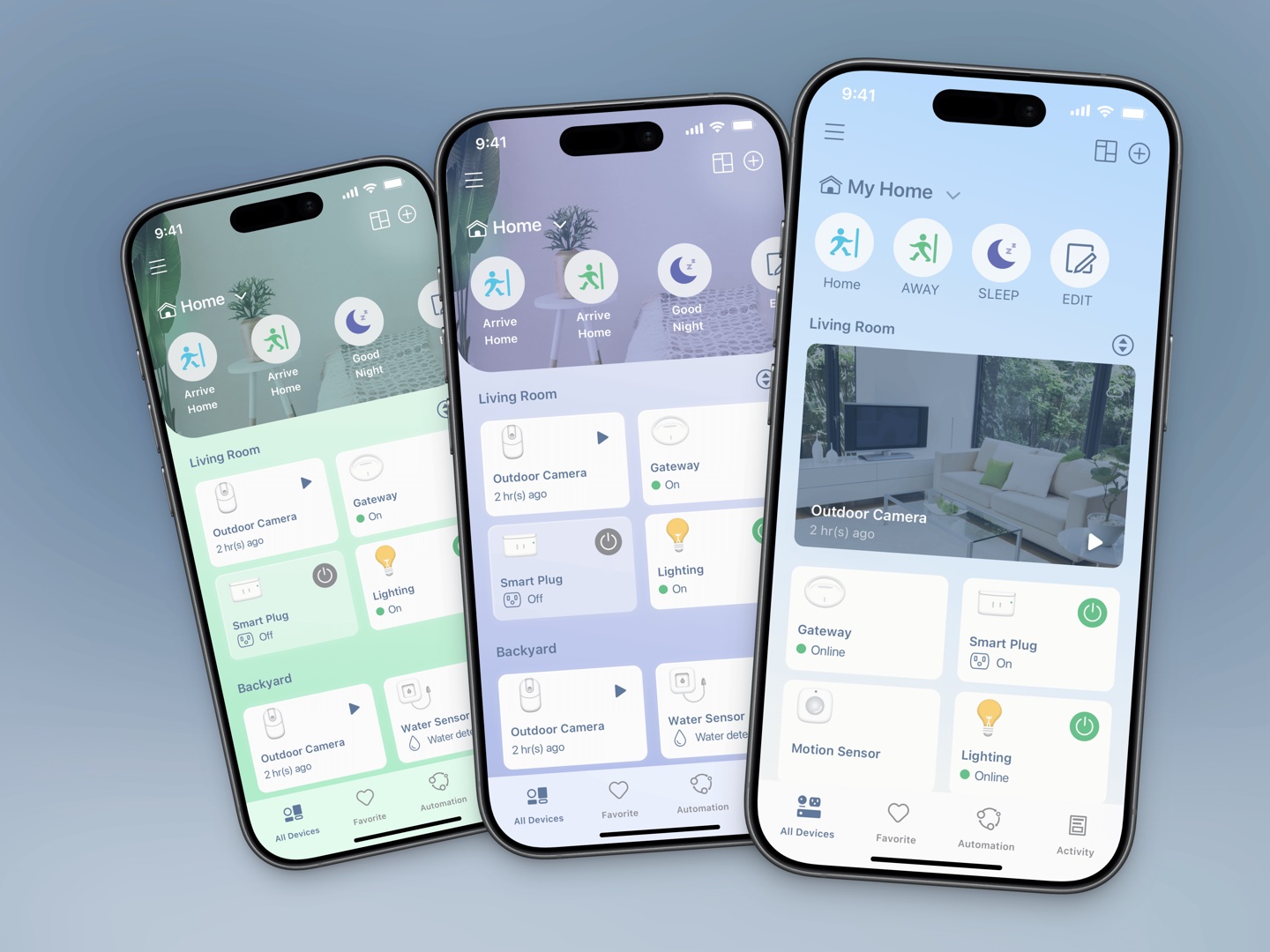 Proposal B in three colourways — green, violet and blue — each with the scene buttons (Arrive Home, Good Night, Sleep) pinned above the room's devices.