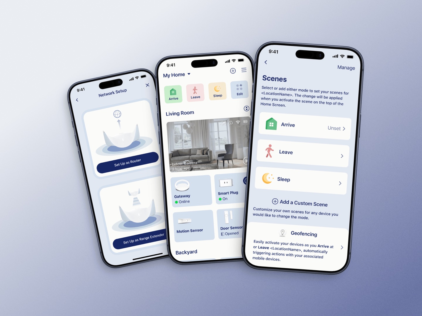 The shipped direction, in three screens: network setup (router or range extender), the home dashboard with scenes pinned above the room's devices, and the scenes manager.