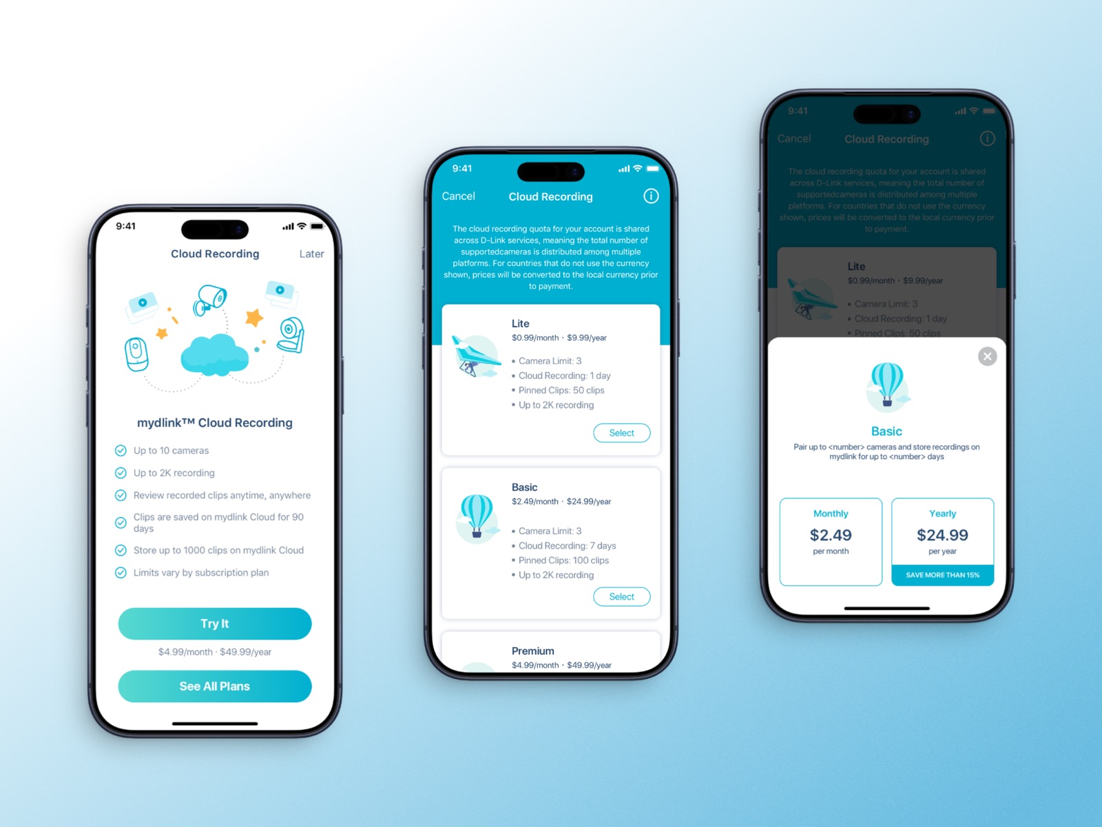 Three screens: the single-price intro with Try It, the full plan list, and the monthly/yearly choice.