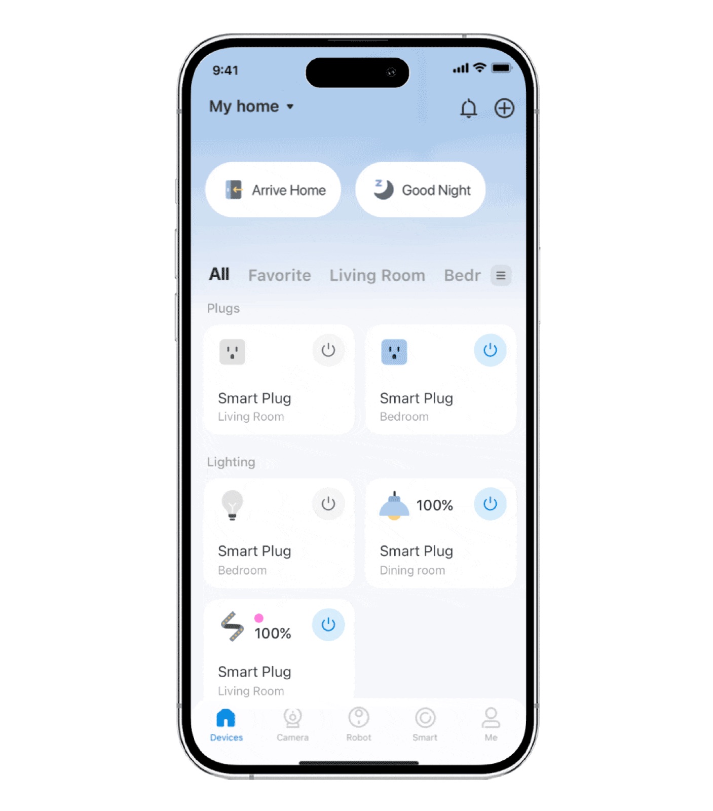 A competitor's home screen: scene buttons at the top, then device cards grouped by category, with a tab bar switching device types.