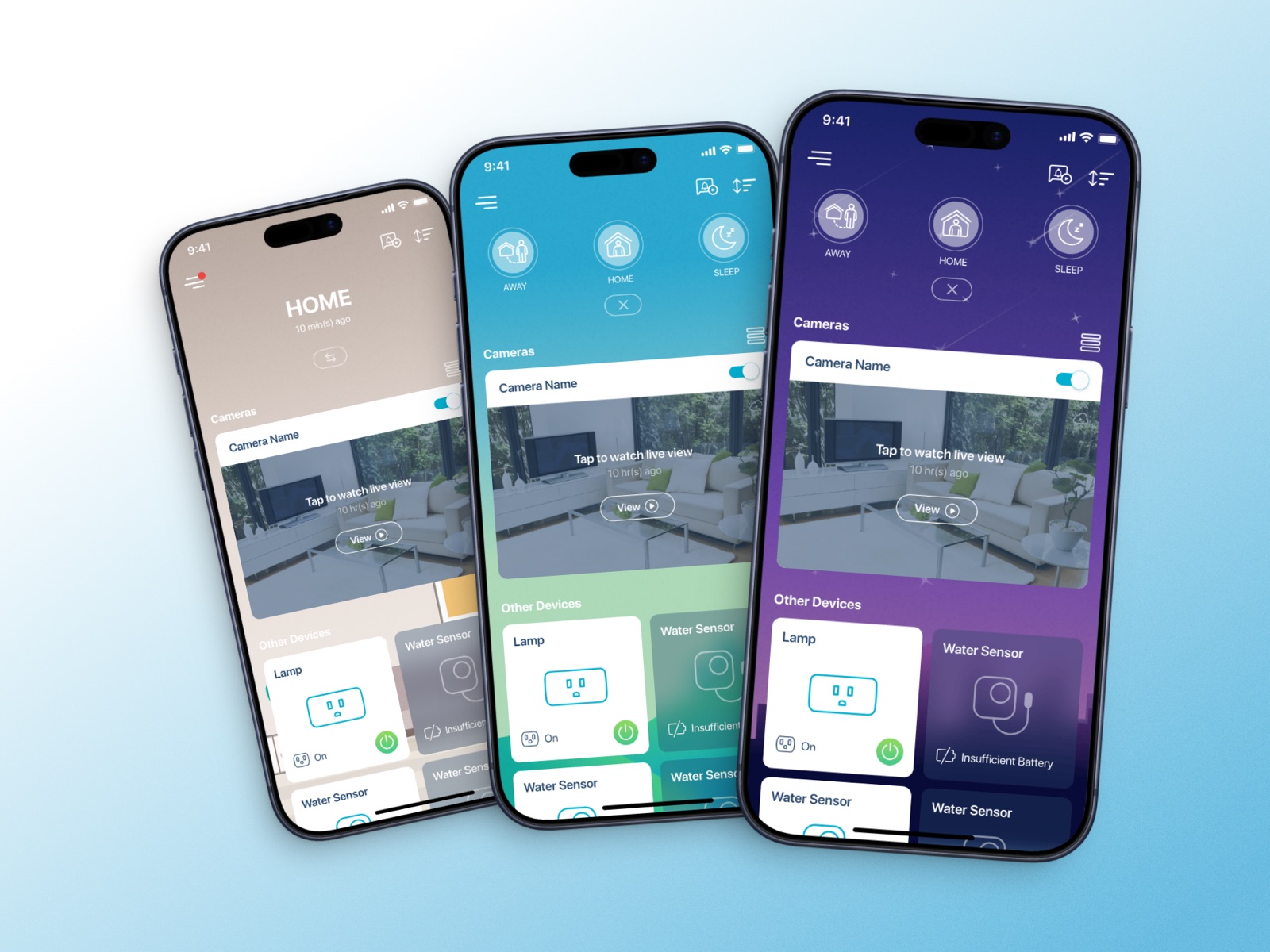Home dashboard in three themes: scenes at the top, camera live view, then other devices.