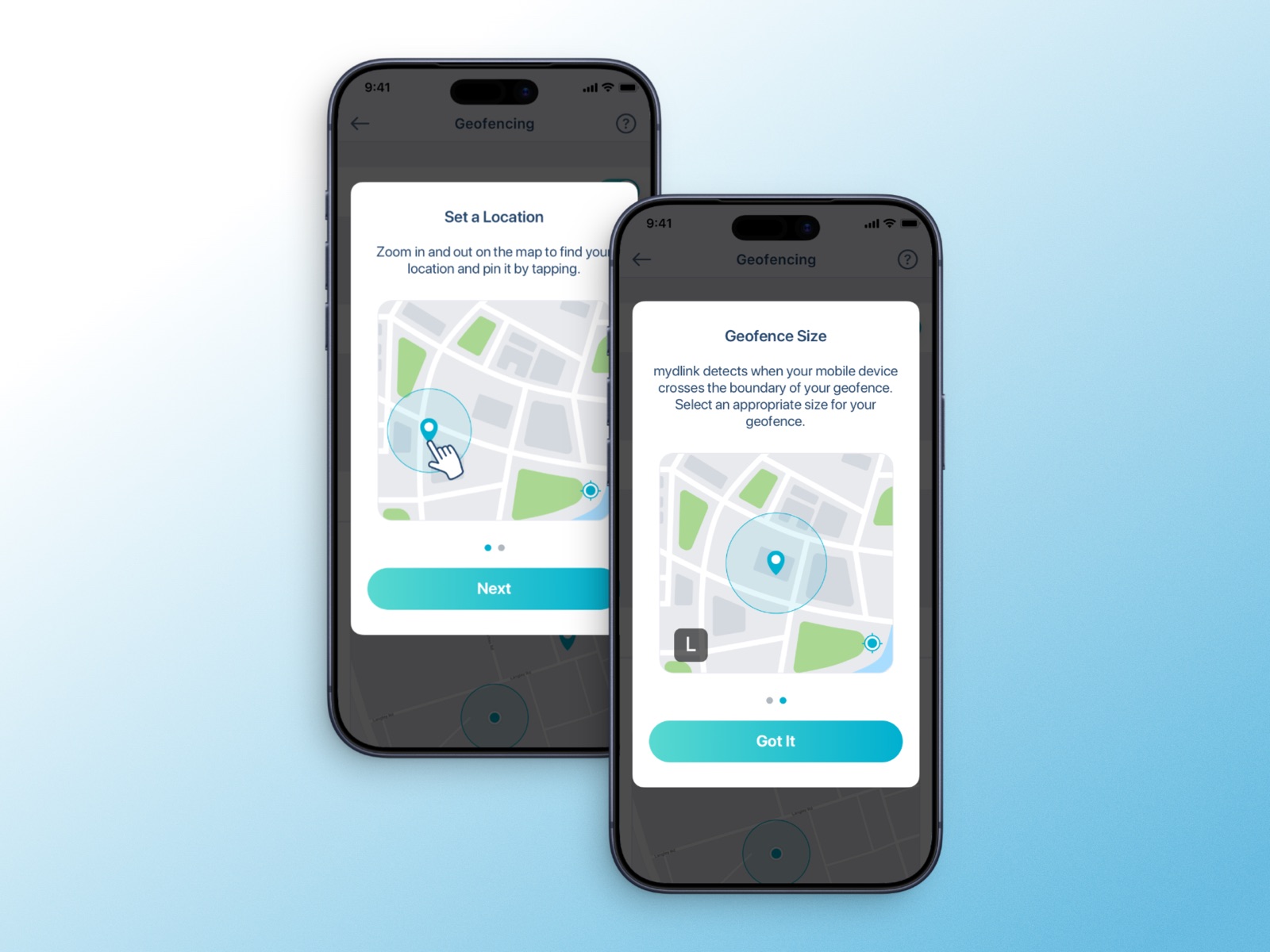 Geofencing setup: actions triggered by arriving at or leaving home.