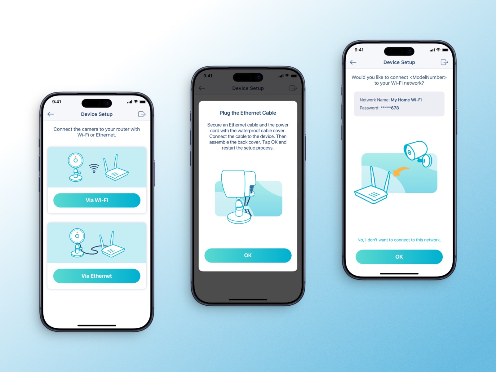 Guided setup screens: the app searching over BLE, connecting to Wi-Fi, naming the device.