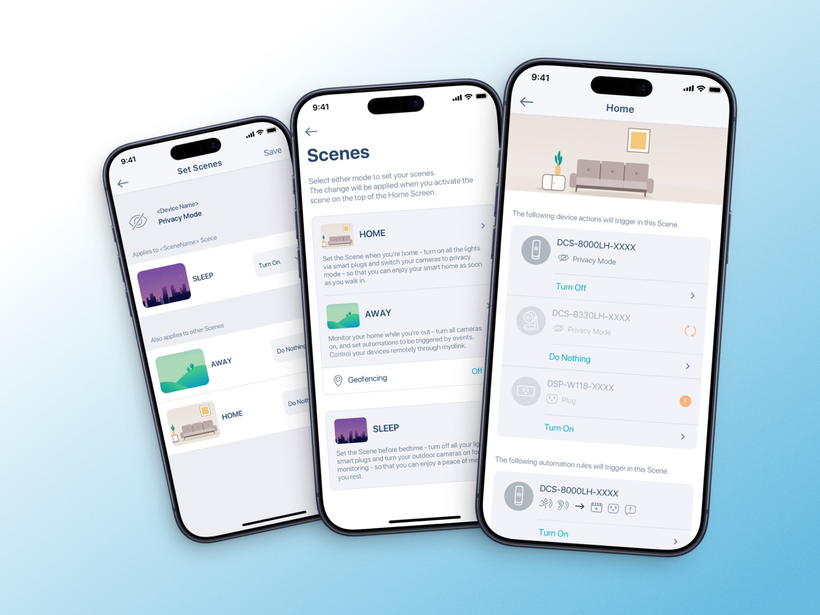 Scenes: Home, Away and Sleeping, each bundling several device actions.