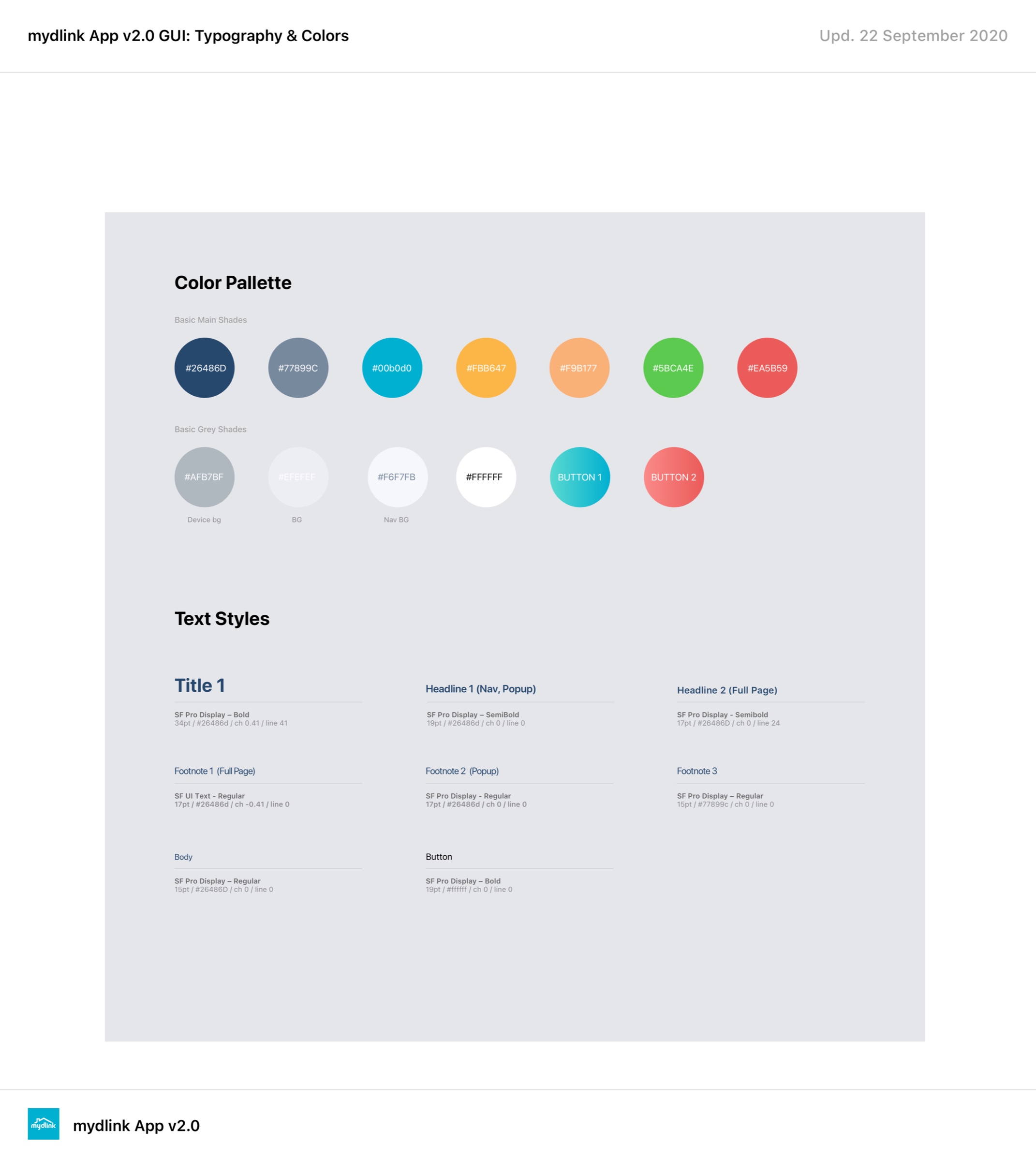 mydlink App v2.0 GUI board: colour palette with hex values and the full text style scale.