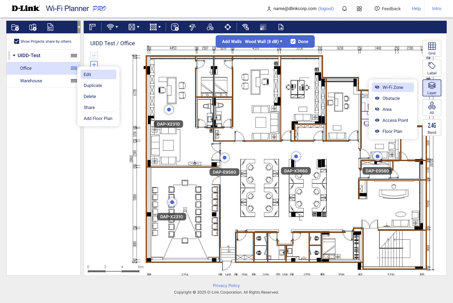 Wi-Fi Planner Pro with a floor plan loaded: walls traced, Add Walls set to Wood Wall (8 dB), five access points placed.