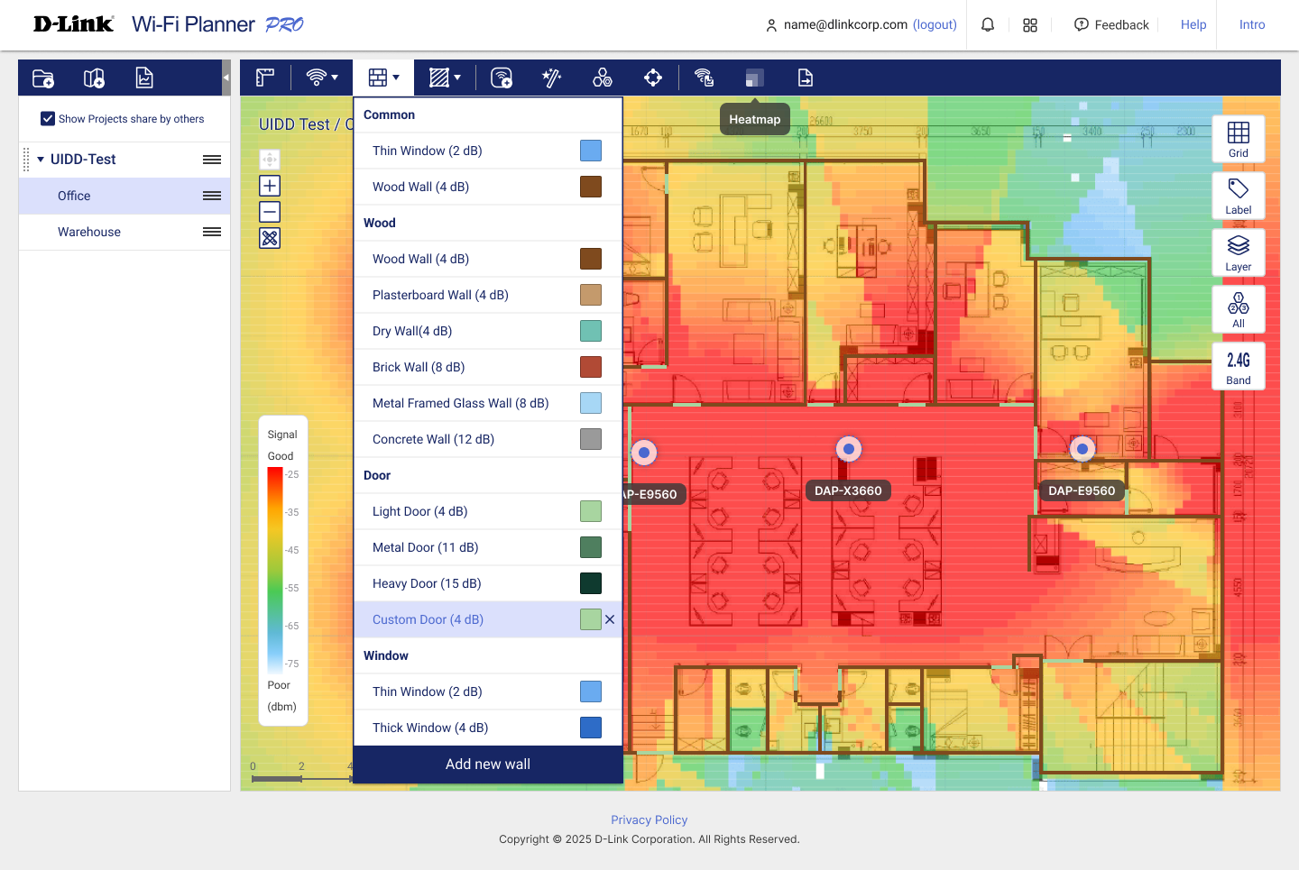 The shipped heatmap with a Good to Poor legend and the grouped wall material list.
