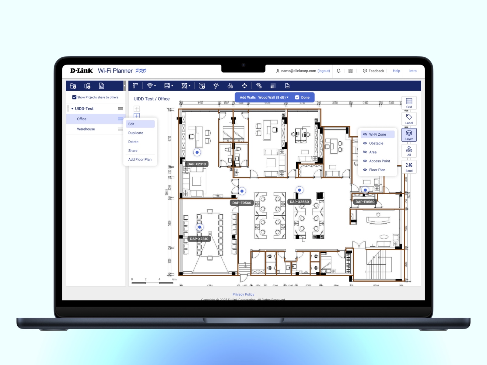 Wi-Fi Planner Pro interface showing a signal heatmap laid over a floor plan.